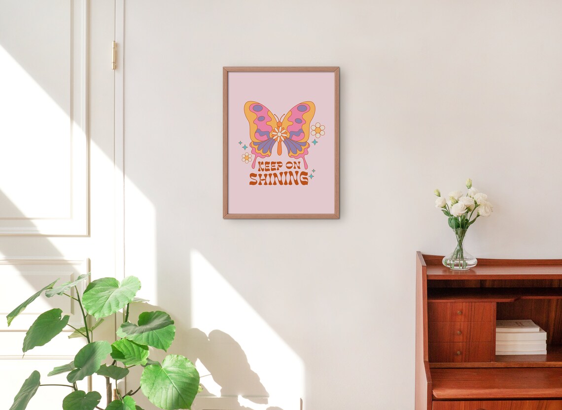 Cute Retro Wall Art Keep On Shining Wall Art Print Inspirational Print Butterfly Poster Wall Decor Art - Image 2