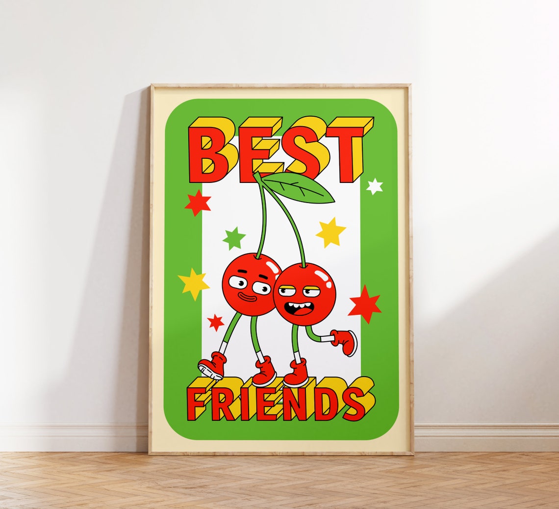 Best Friends Retro Cherry Characters Poster Fun Friendship Gift Decor