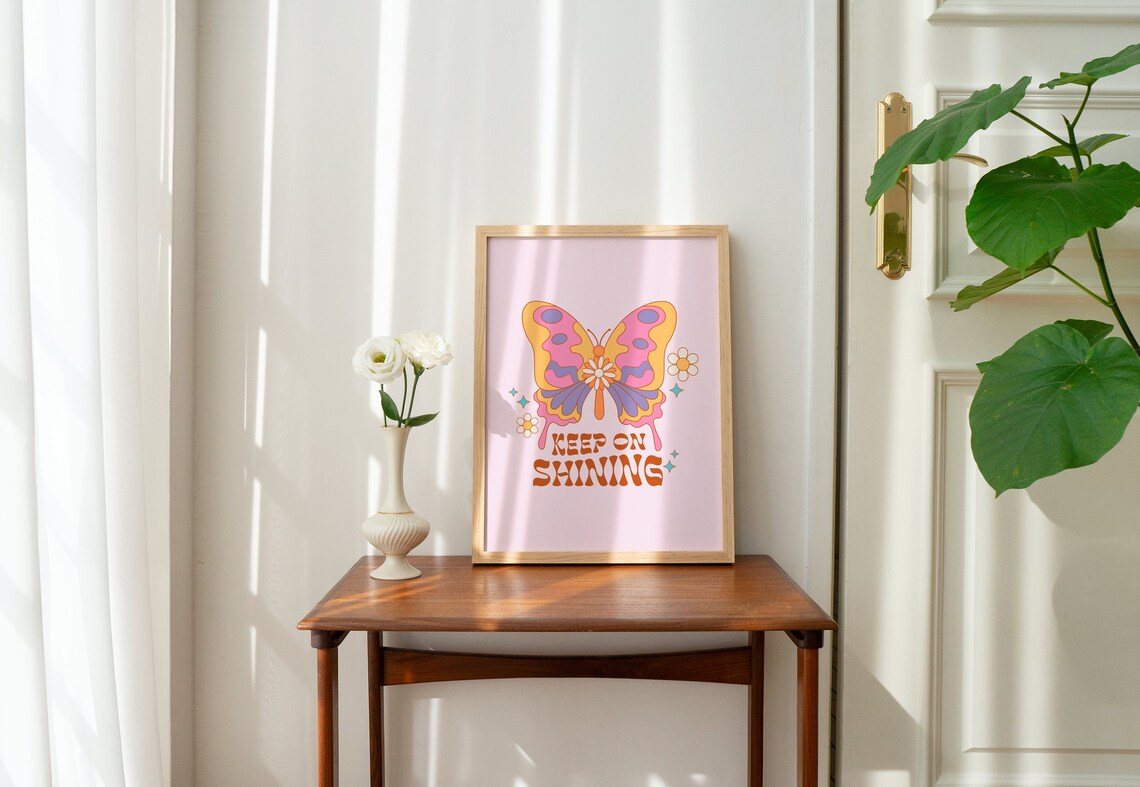 Cute Retro Wall Art Keep On Shining Wall Art Print Inspirational Print Butterfly Poster Wall Decor Art - Image 3