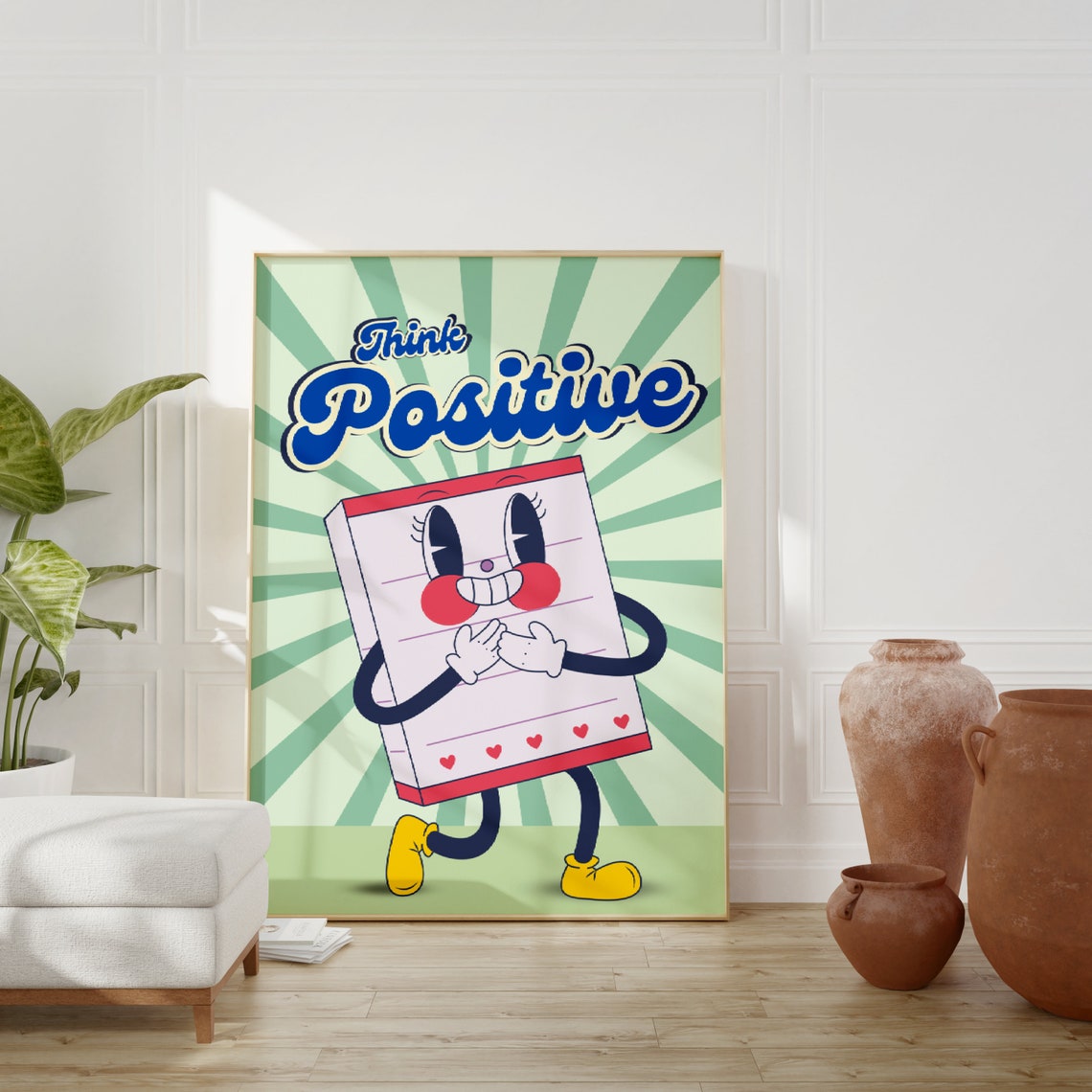 Think Positive Happy Notepad Character Retro Quote Art Poster - Image 2