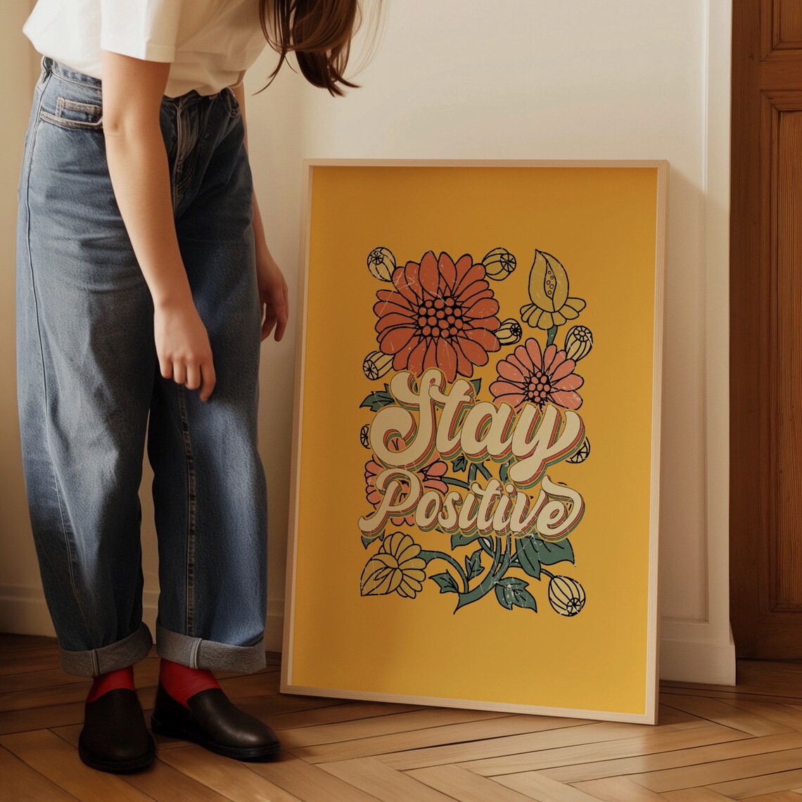Stay Positive Retro Flower Wall Art Print - Image 3