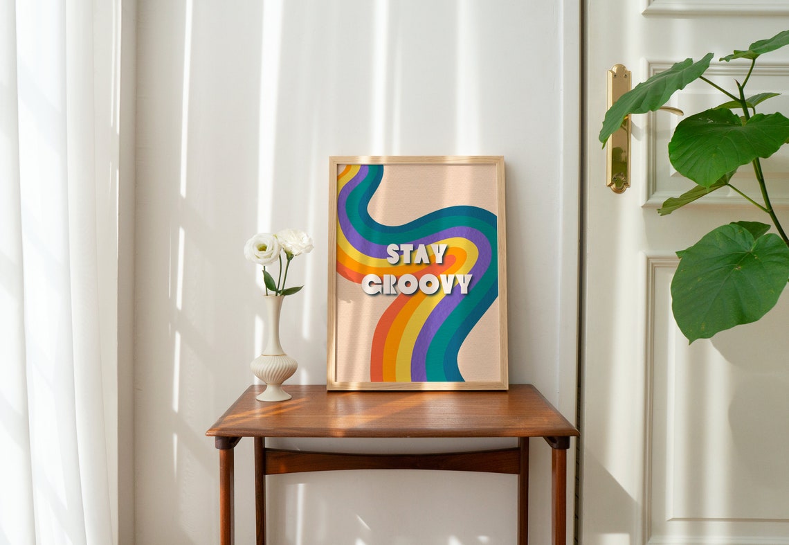 Stay Groovy Colorful Rainbow Wavy Lines Typography Wall Poster - Image 4