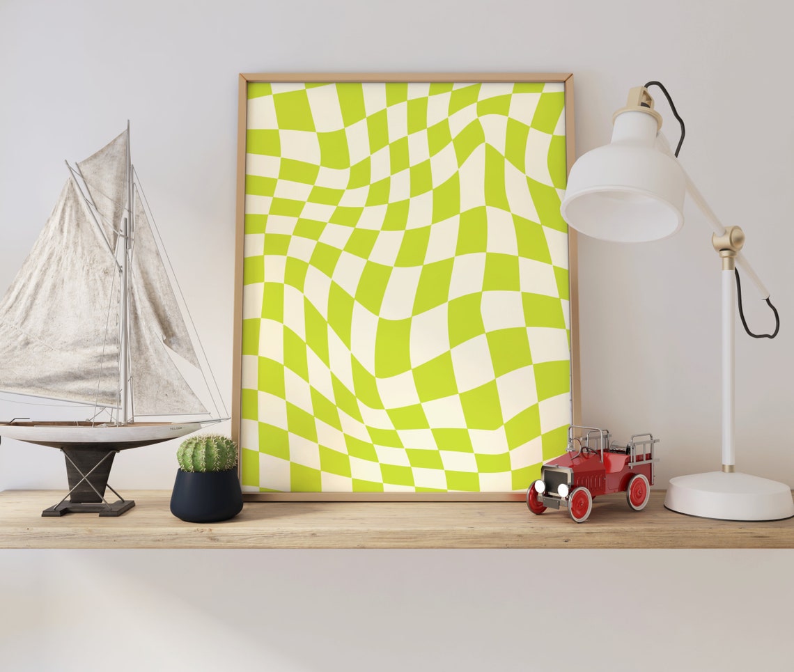 Wavy Lime Green Checkerboard Pattern Bold Retro Groovy Art Poster - Image 2