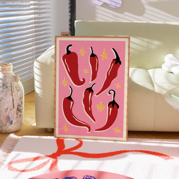 Chilli Pepper Poster Abstract Food Print Hot Art Minimalist Kitchen Red And Pink