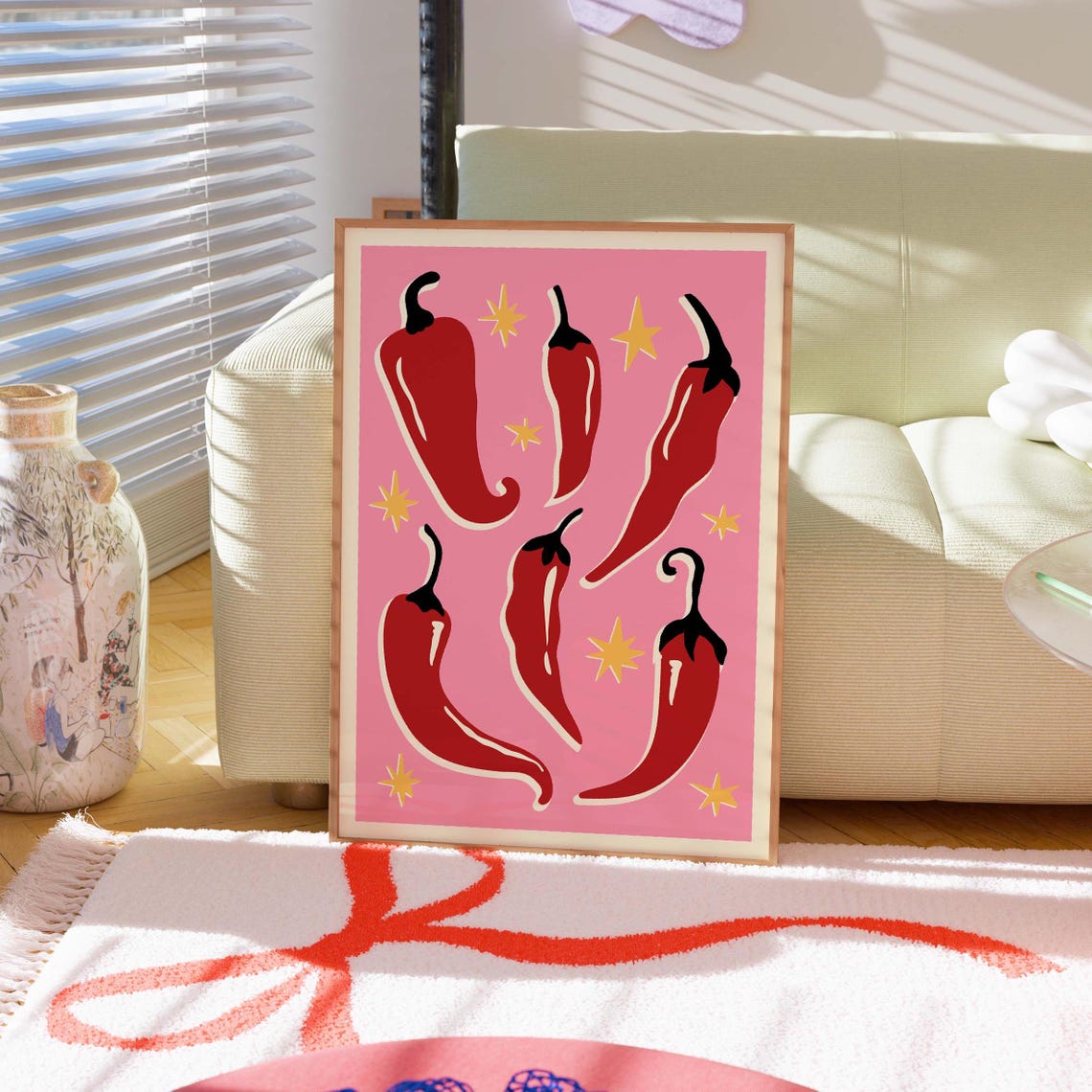 Spicy Red Chili Peppers Pink Retro Kitchen Foodie Decor Art Poster