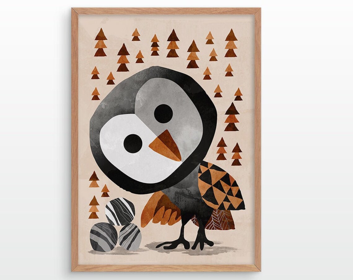 Cute Owl Woodland Nursery Wall Decor Brown Triangle Trees Poster