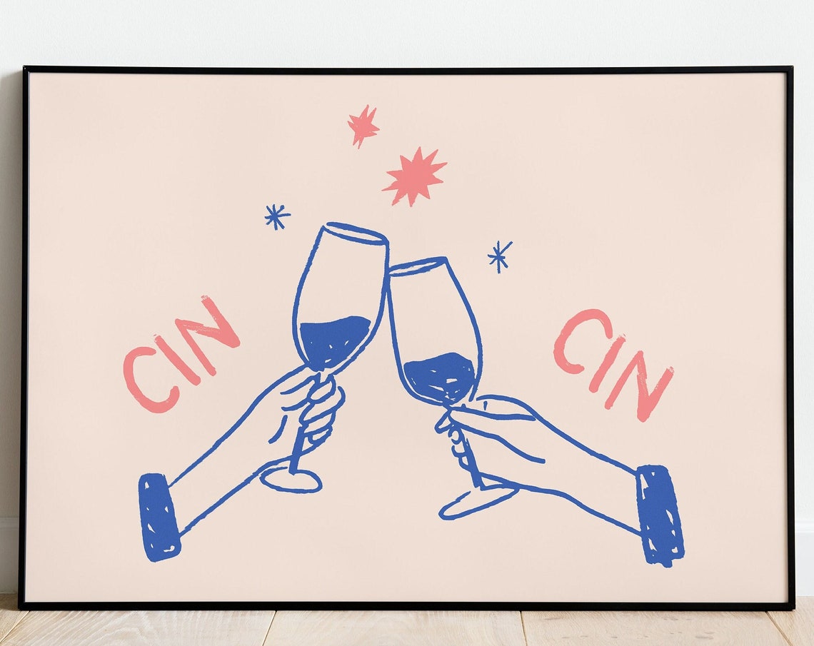 Cin Cin Wine Glasses Cheers Toast Line Art French Kitchen Poster - Image 5