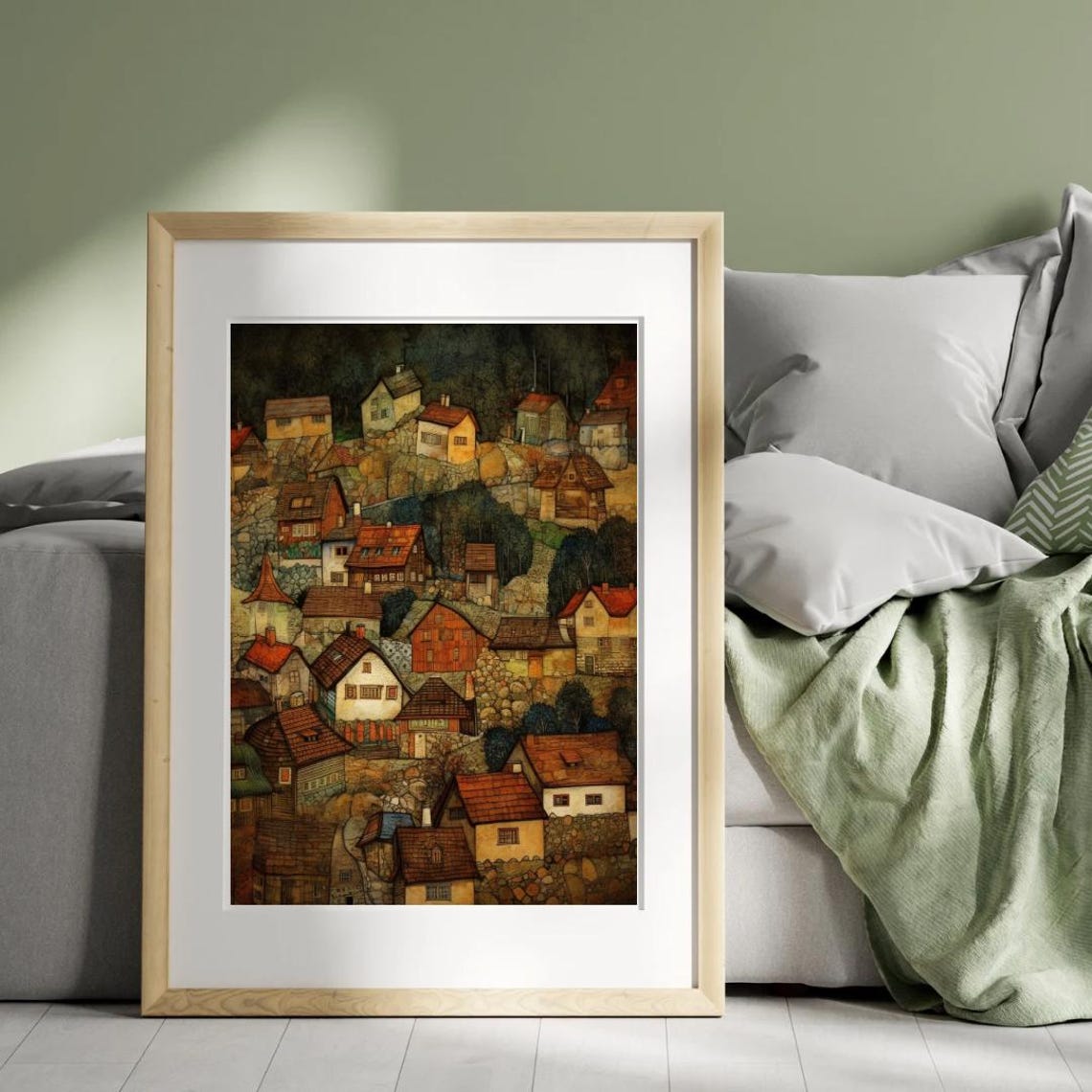 Whimsical Hillside Village Red Roof Houses Earthy Painting Poster - Image 3