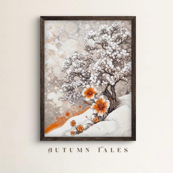Snowy Blossoming Tree Ink Wash Style with Orange Flowers Winter Wall Art Poster