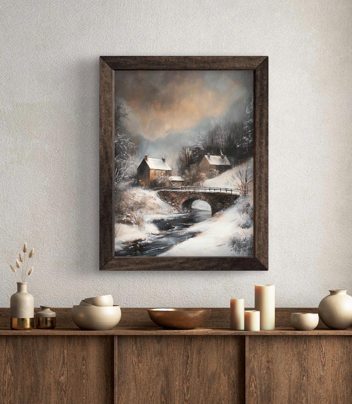 Moody Snowy Village Stone Bridge River Sunset Winter Landscape Poster - Image 6