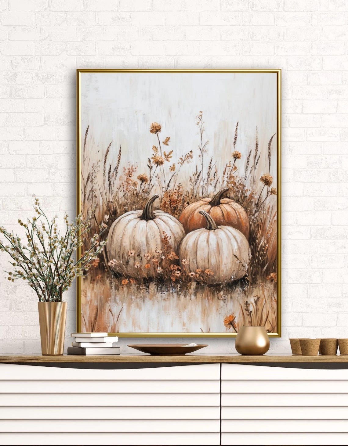 White and Orange Pumpkins in Tall Wheat Grass Autumn Field Wall Art - Image 3