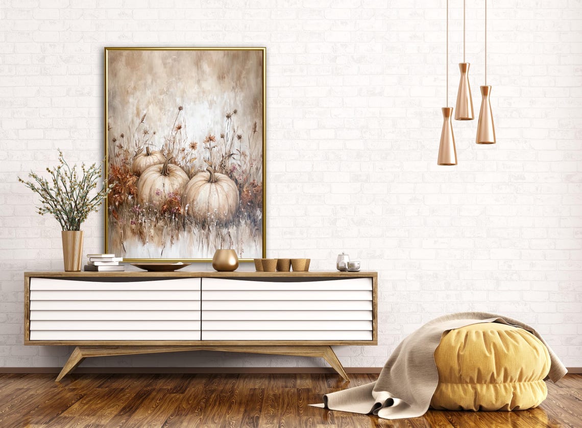 White Pumpkins Among Dried Wildflowers Airy Autumn Still Life Wall Art - Image 2