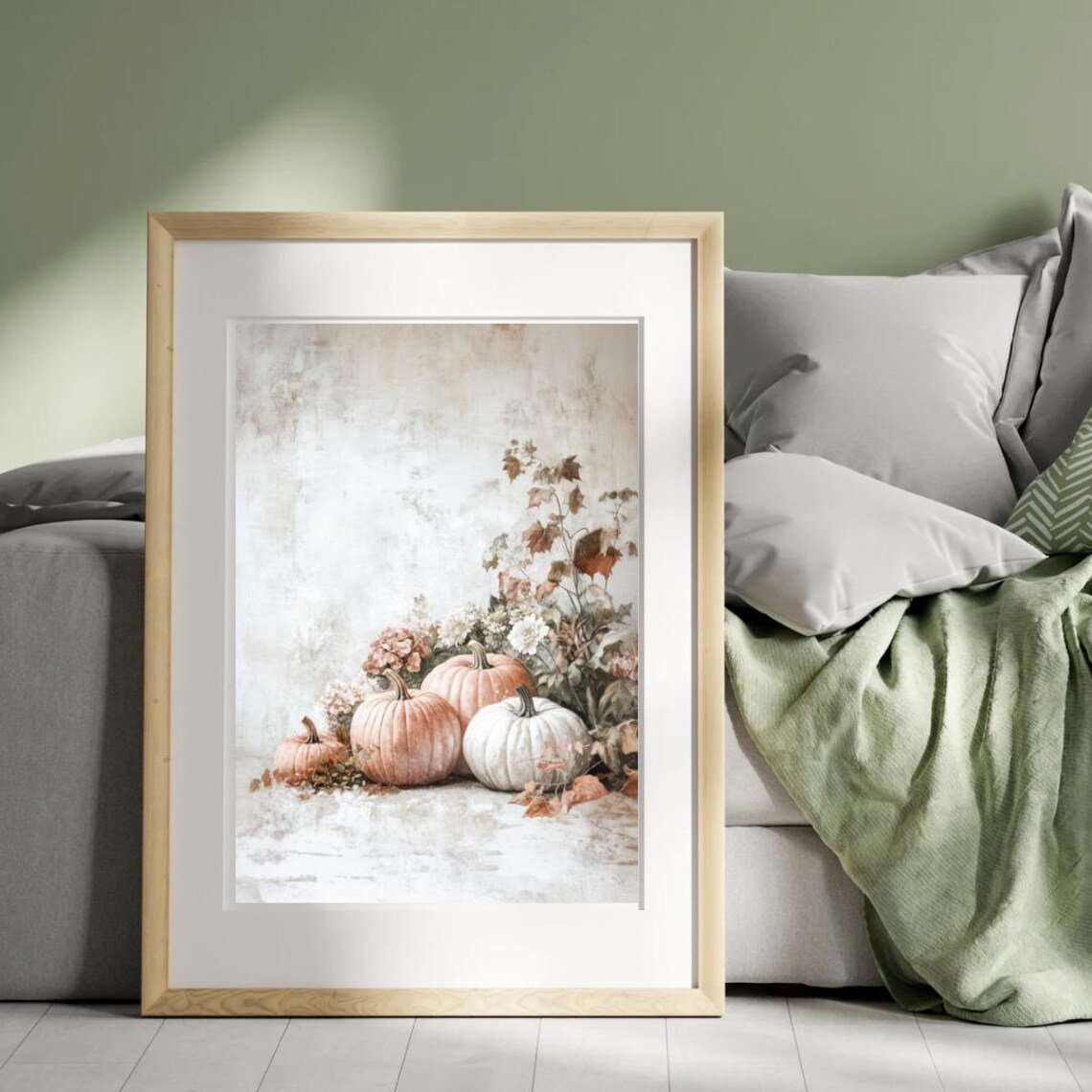White And Blush Pumpkins With Wildflowers Still Life Fall Wall Art Poster - Image 5