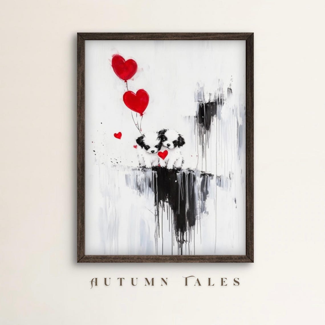 Cute Shih Tzu Puppies Red Heart Balloons Street Art Puppy Poster