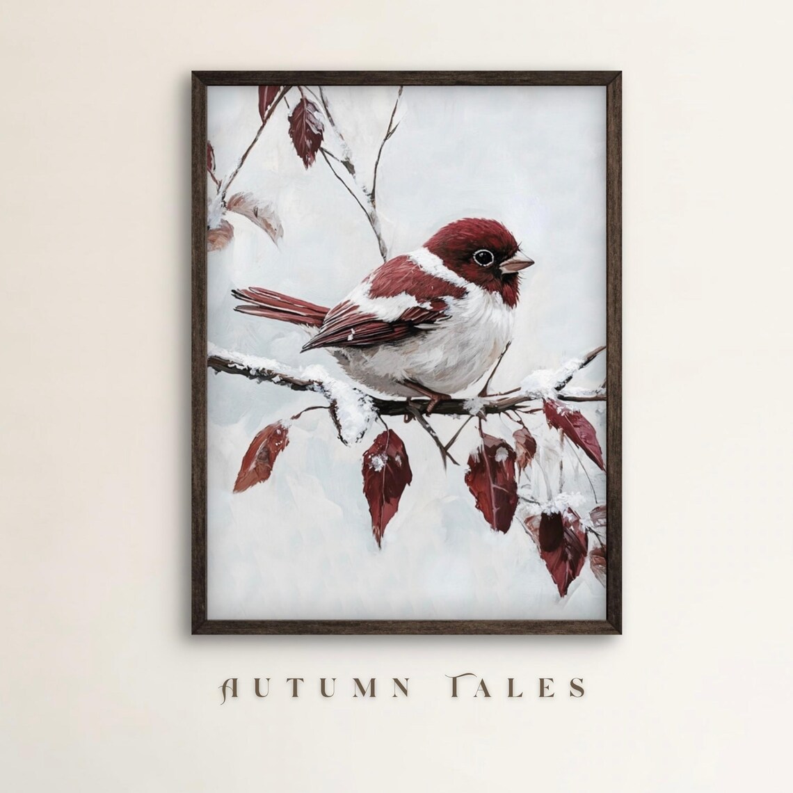 Red Winter Sparrow Art Print, Moody Seasonal Wildlife