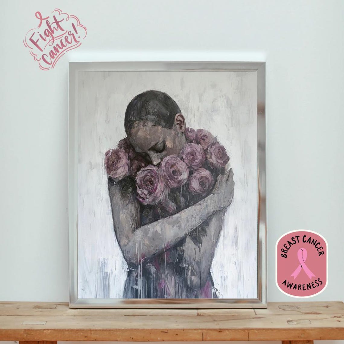 Breast Cancer Awareness Month Wall Art Print Modern Contemporary People Art Minimalist Feminine Woman Figure Pink Purple Roses - Image 3