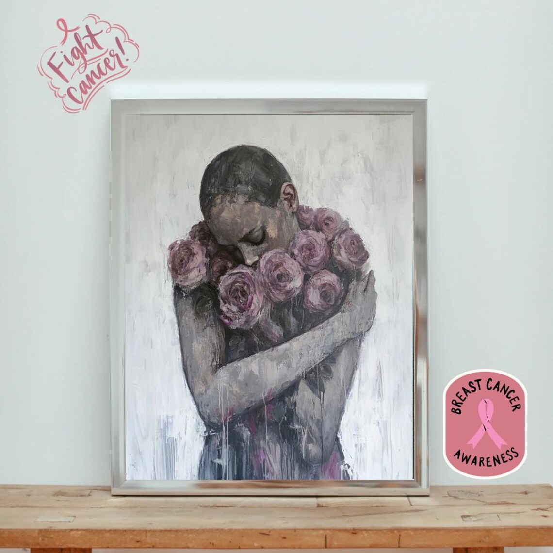 Breast Cancer Awareness Woman Embracing Rose Bouquet Modern Art Print - Image 3