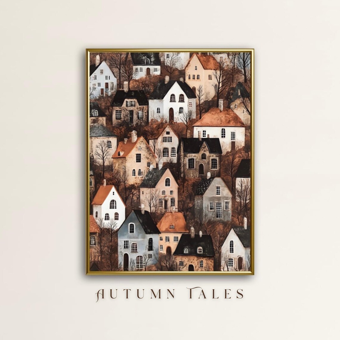 Folk Art Hillside Town Of Autumn Houses In Earthy Tones Art Print