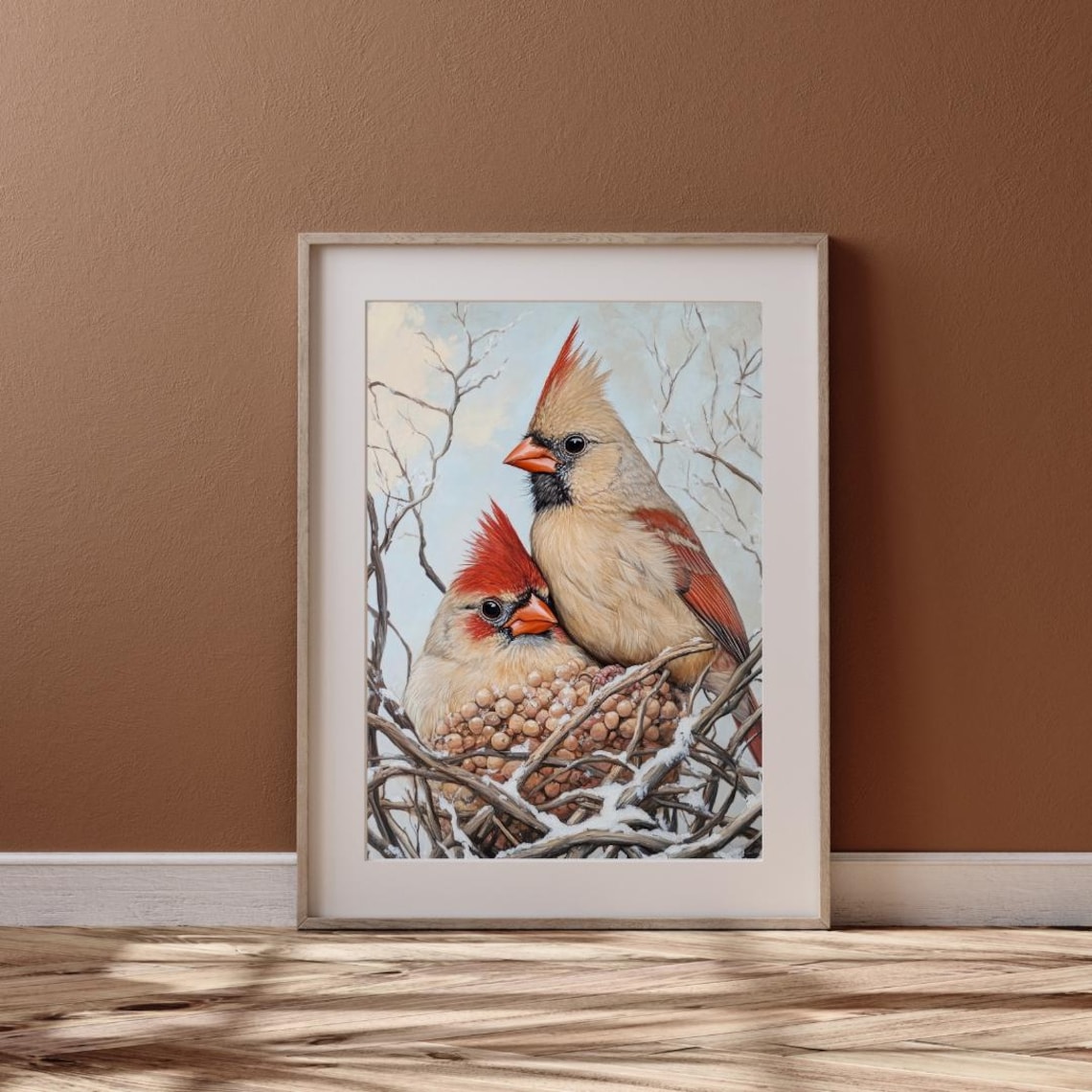 Pair Of Northern Cardinals On Snowy Nest Branch Bright Winter Bird Art Print - Image 6