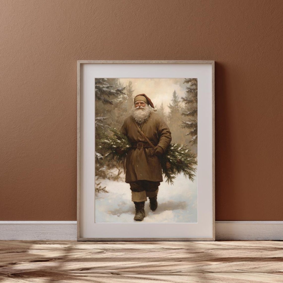 Rustic Santa Claus Carrying Evergreens Snowy Forest Christmas Wall Art - Image 4