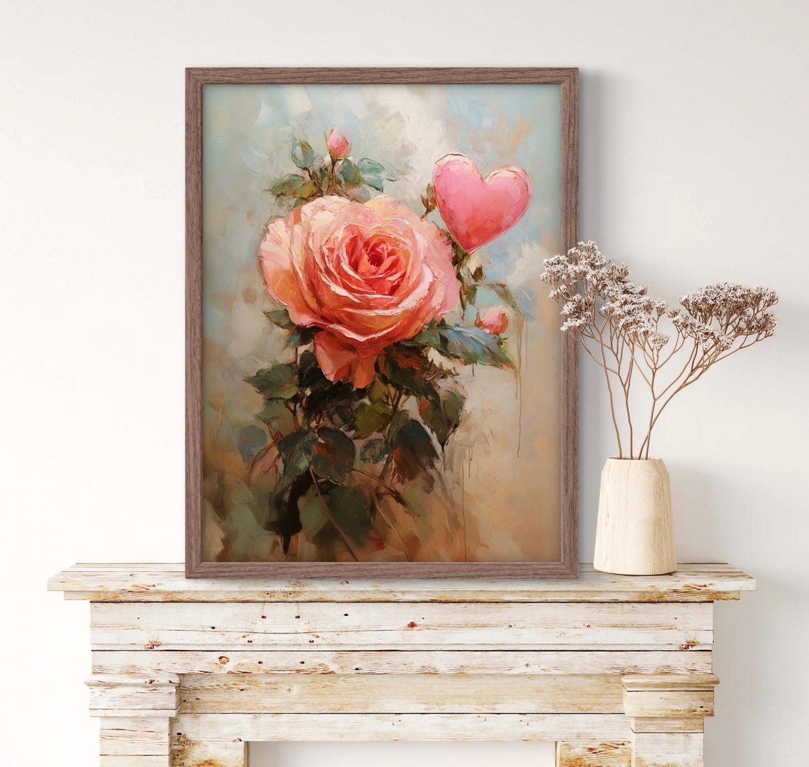 Pink Rose and Heart Valentines Day Oil Painting Floral Poster - Image 2