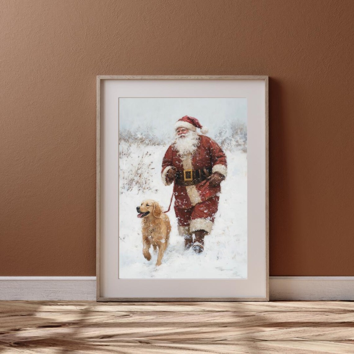 Vintage Santa With Golden Retriever, Christmas Art Print - Image 6