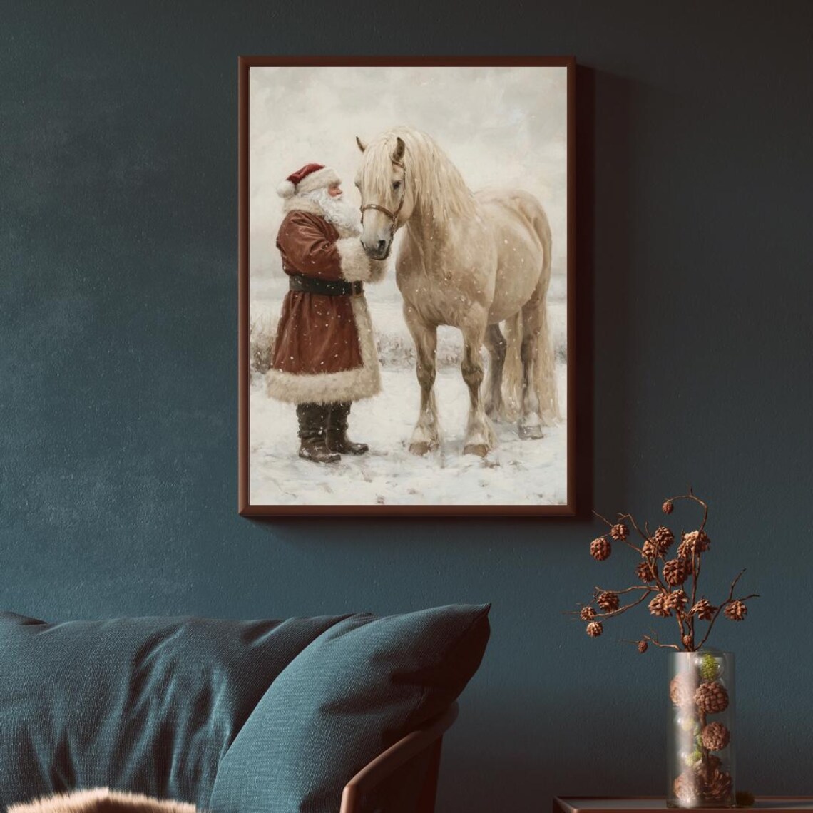 Vintage Santa Beige Clydesdale Horse Christmas Art Print - Image 4