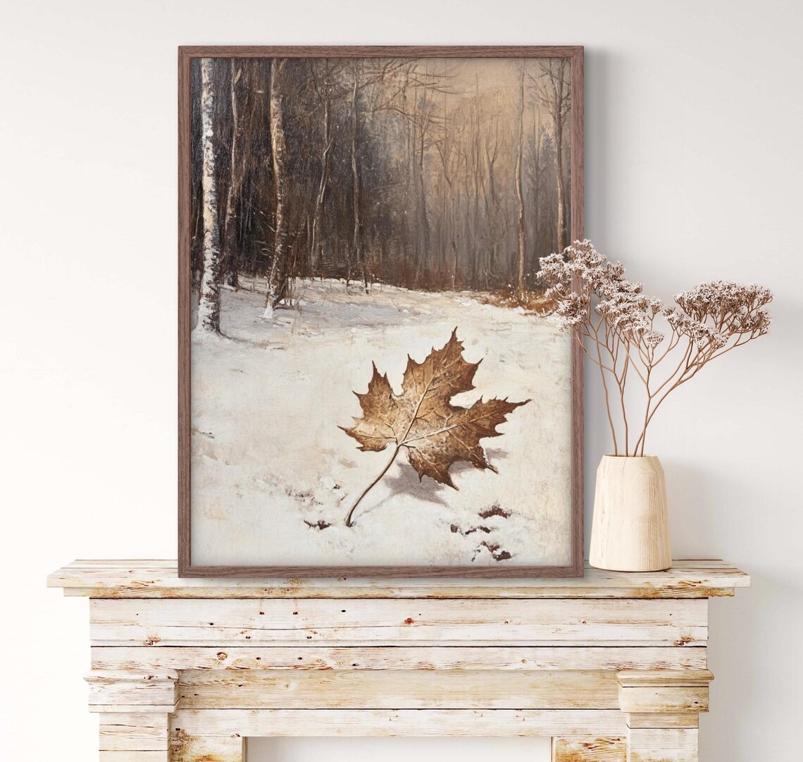 Vintage Winter Forest Maple Leaf Snow Print - Image 2