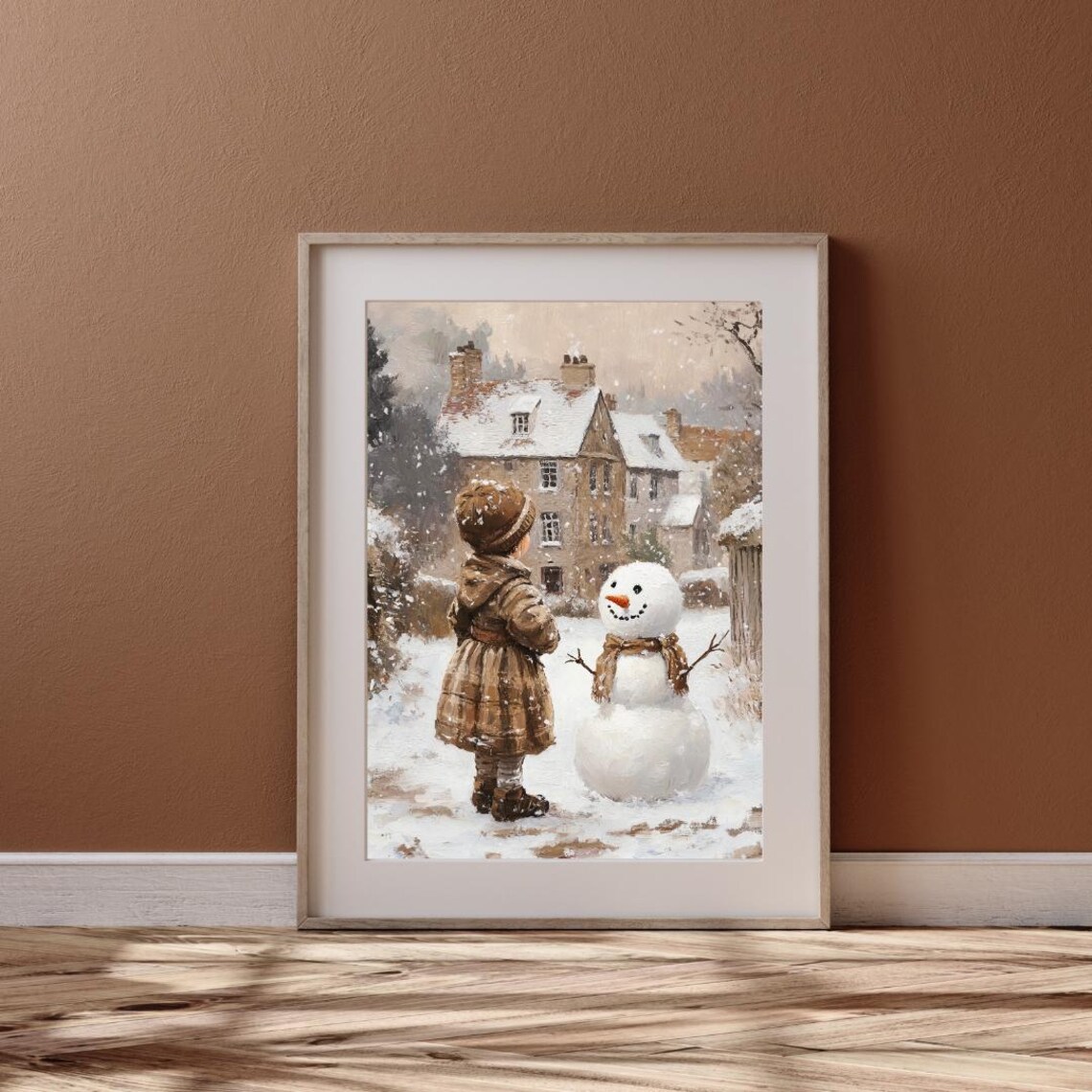 Vintage Snowman Winter Art Print, English Village - Image 2