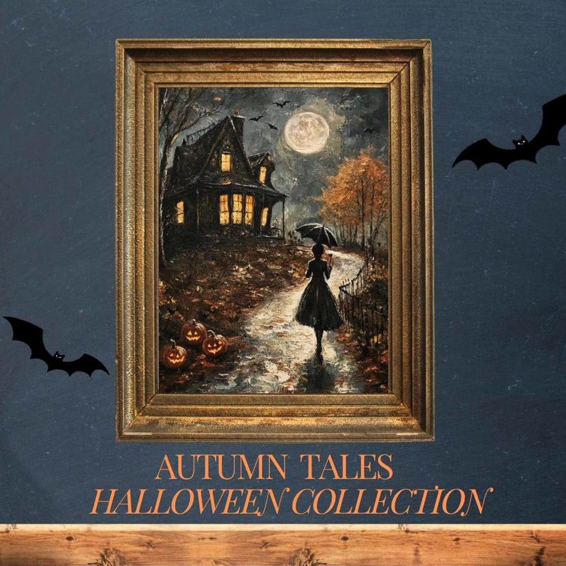 Haunted House Witch and Jack O Lanterns Halloween Night Scene Wall Art - Image 3