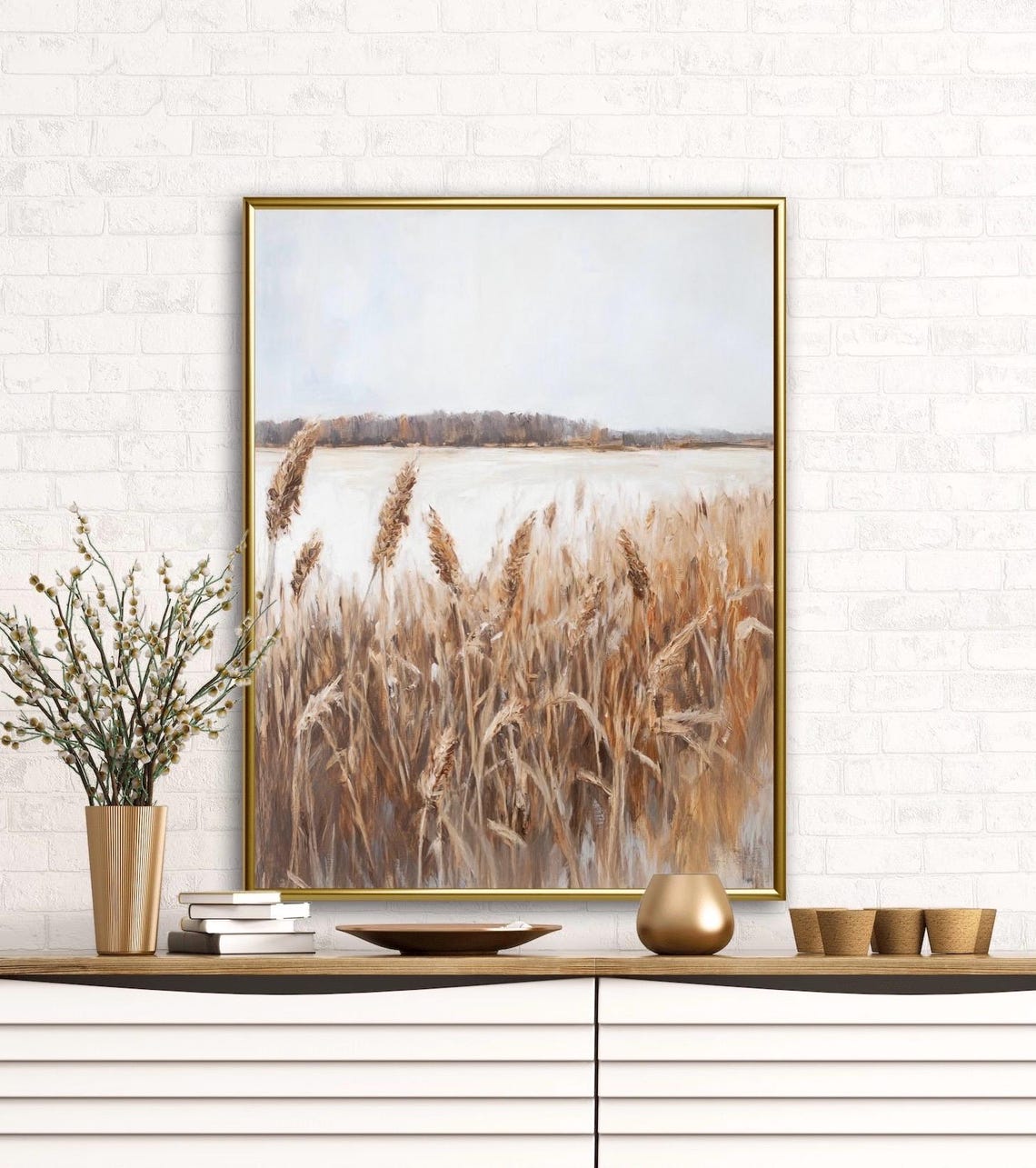Golden Wheat Field Before Frozen Lake Minimal Winter Landscape Poster - Image 2