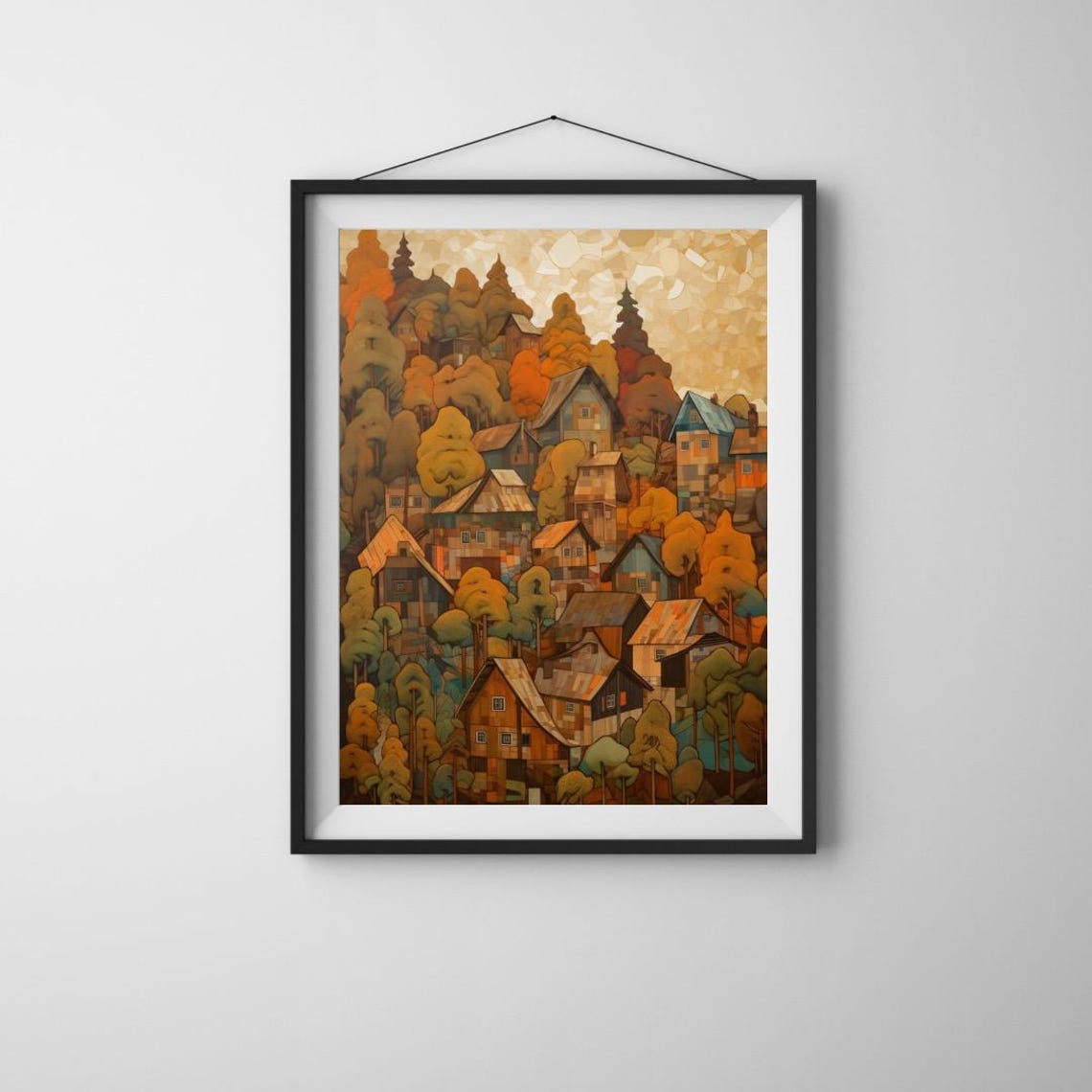 Folk Art Mountain Village With Orange Autumn Trees and Houses Wall Art - Image 2