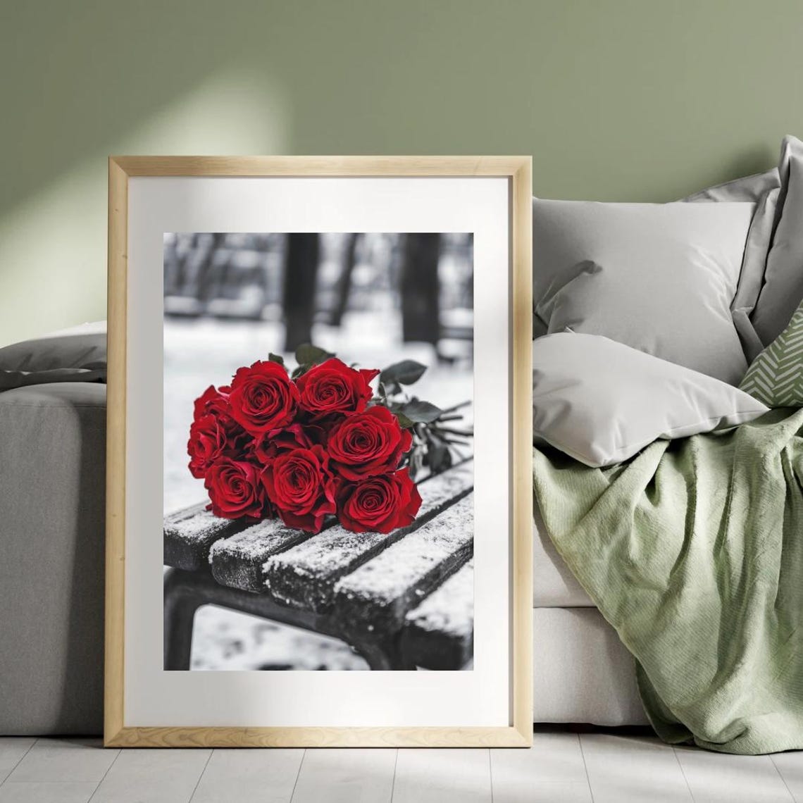 Red Roses Bouquet On Snowy Park Bench Winter Black White Photo Poster - Image 4