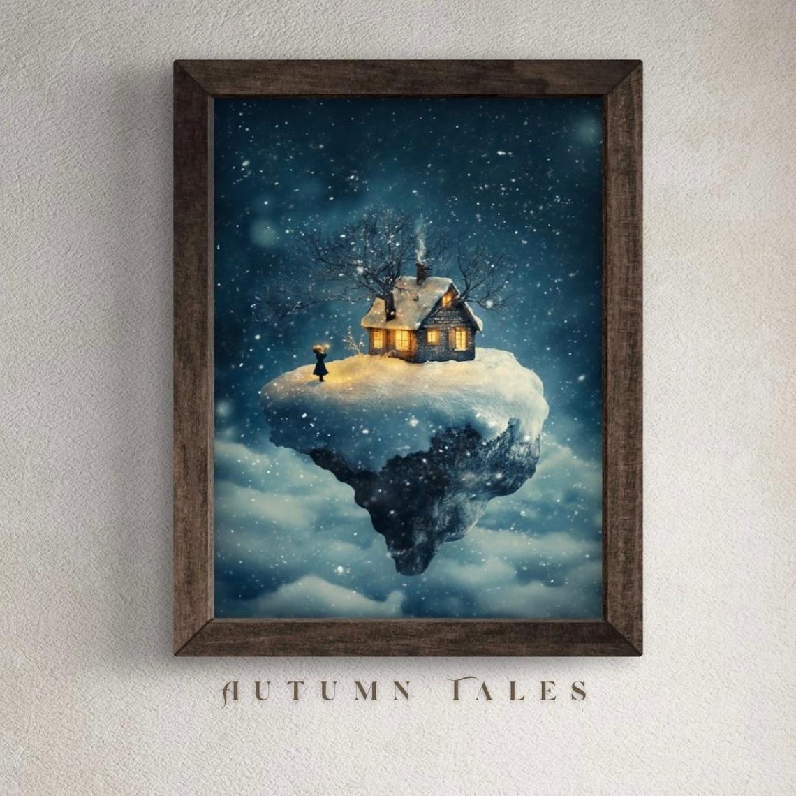 Surreal Floating Island Snow Cottage Starry Night Winter Dream Poster - Image 4