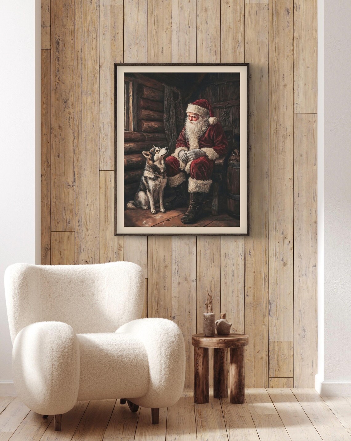 Santa and Husky Dog Cozy Cabin Vintage Christmas Art Print - Image 2