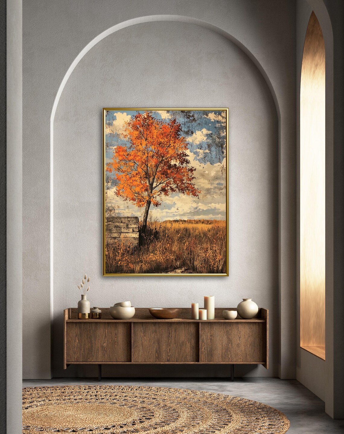 Autumn Tales Lone Maple Tree Fiery Leaves Golden Field Landscape Poster - Image 2