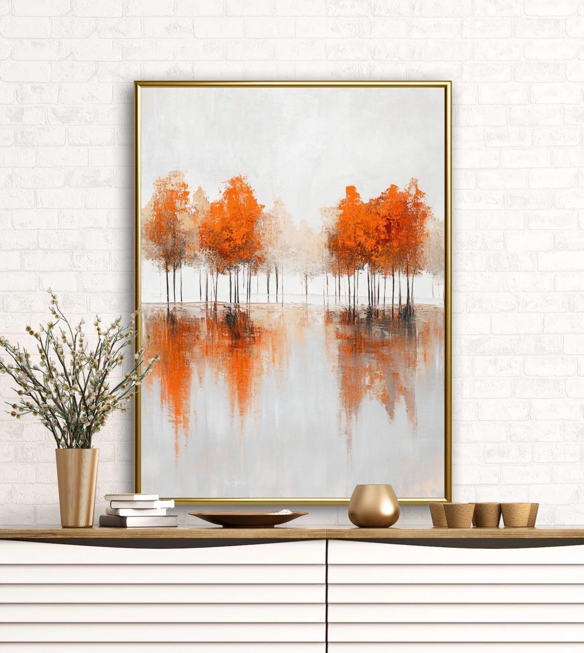 Autumn Tales Orange Trees Water Mirror Fall Landscape Poster - Image 2