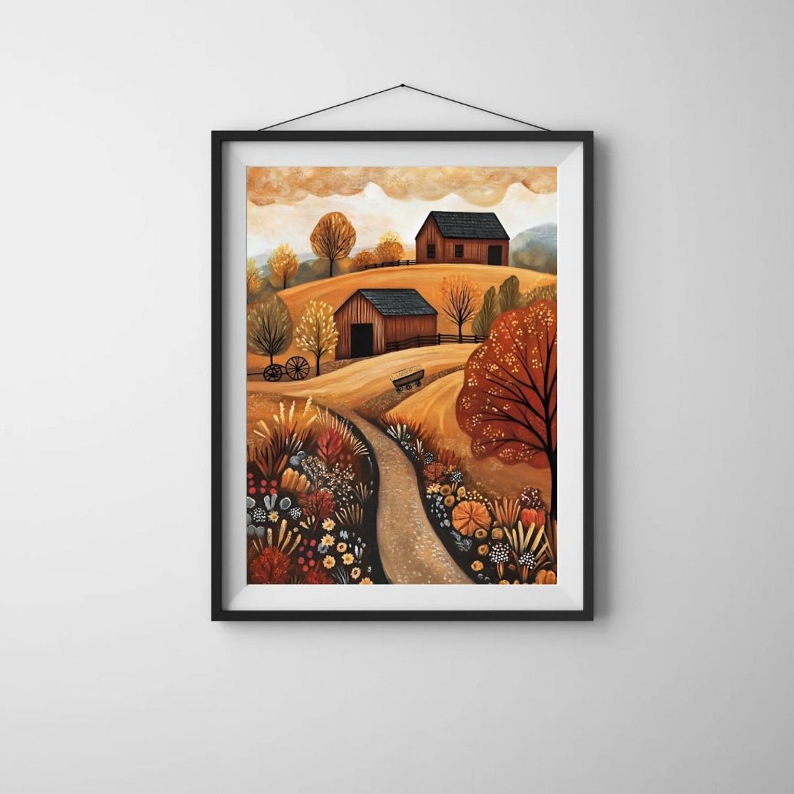 Folk Art Hilltop Barns With Meadow Wildflower Path Art Print - Image 3