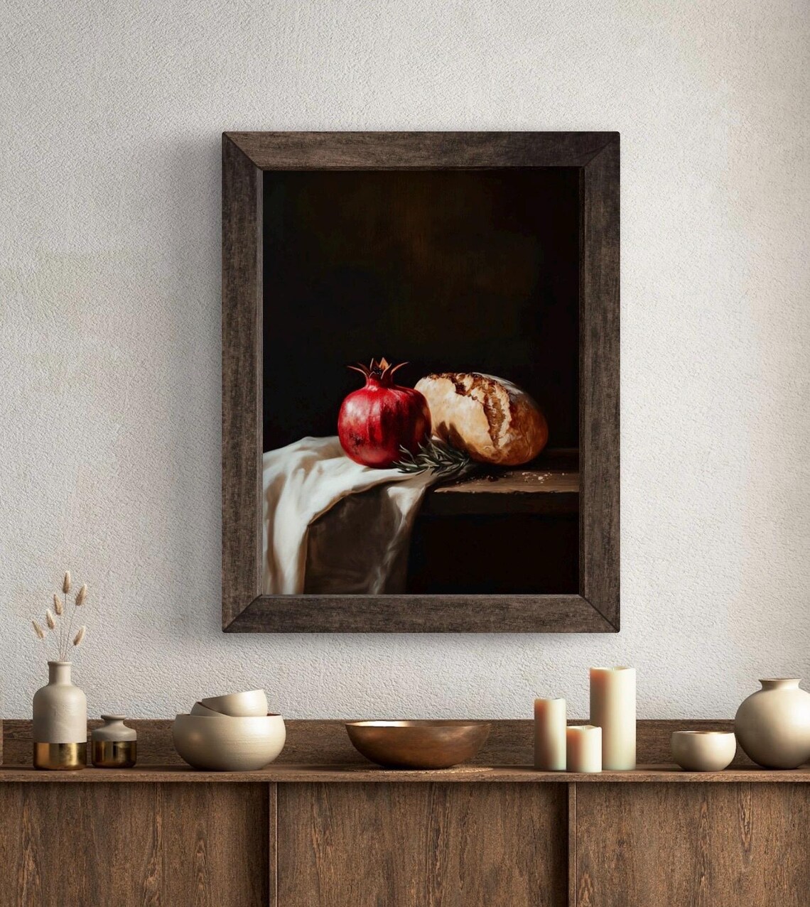 Moody Pomegranate And Sourfough Bread Loaf Wall Art Print Still Life Rustic Farmhouse Kitchen Dining Room Decor - Image 5
