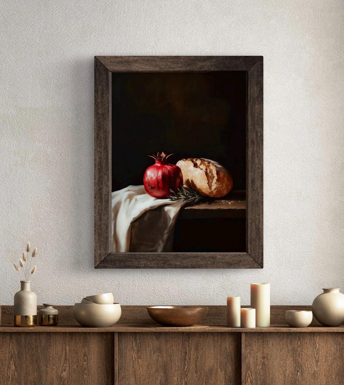 Pomegranate And Sourdough Bread Loaf Dark Rustic Still Life Art Poster - Image 5