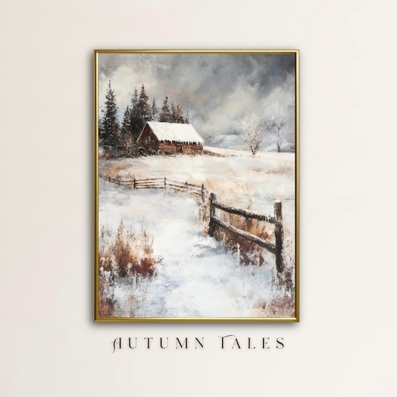 Winter Forest Landscape Wall Art Print Moody Snow Covered Cottage Farm Cottagecore Farmhouse Christmas Decor