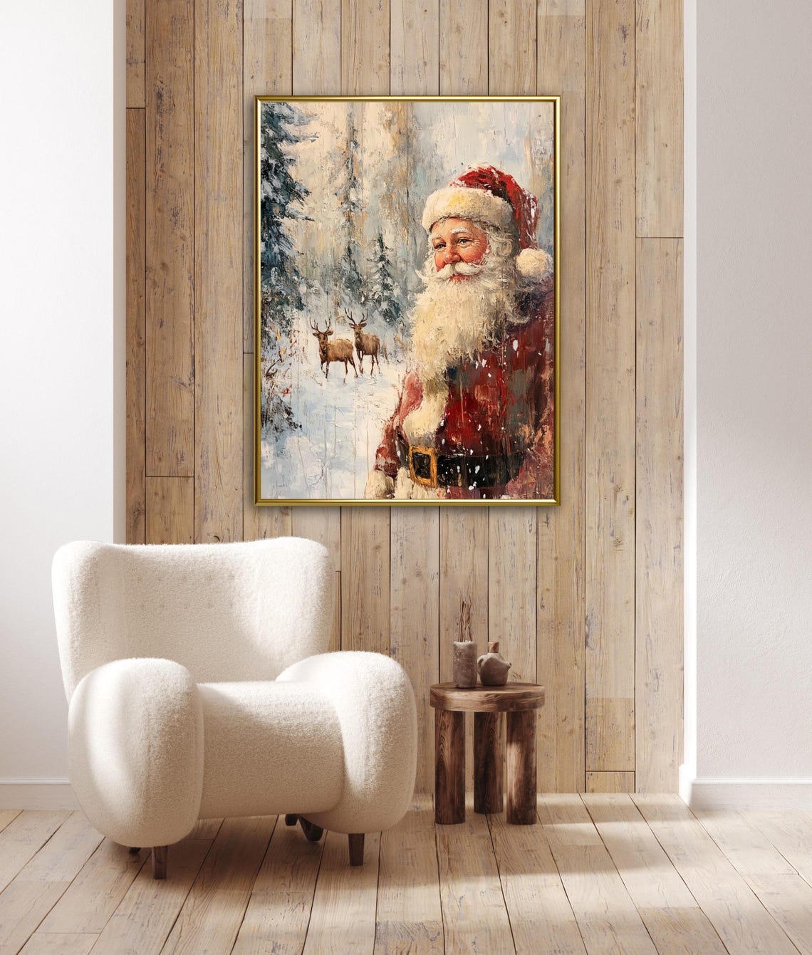 Vintage Santa Claus Snowy Winter Forest Reindeer Painting Poster - Image 3