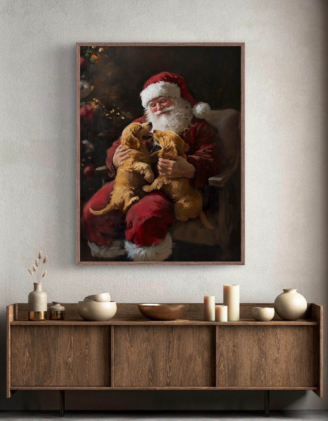 Santa And Golden Retriever Puppies Vintage Christmas Poster - Image 3
