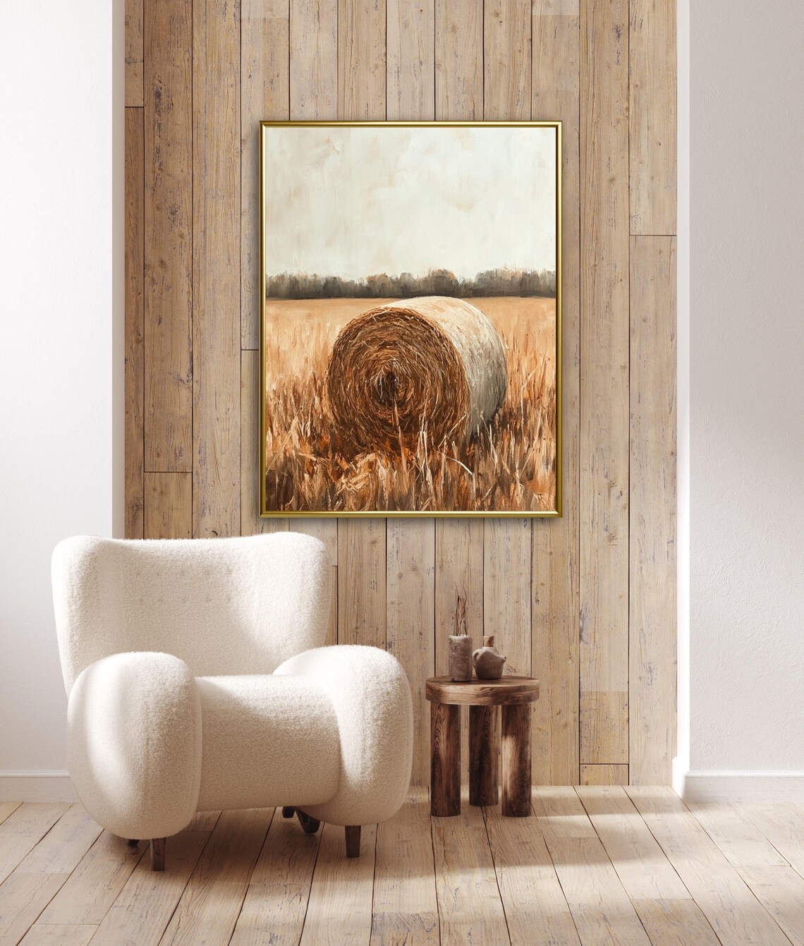 Rustic Hay Bale In Golden Autumn Field Minimalist Farmhouse Landscape Print - Image 2