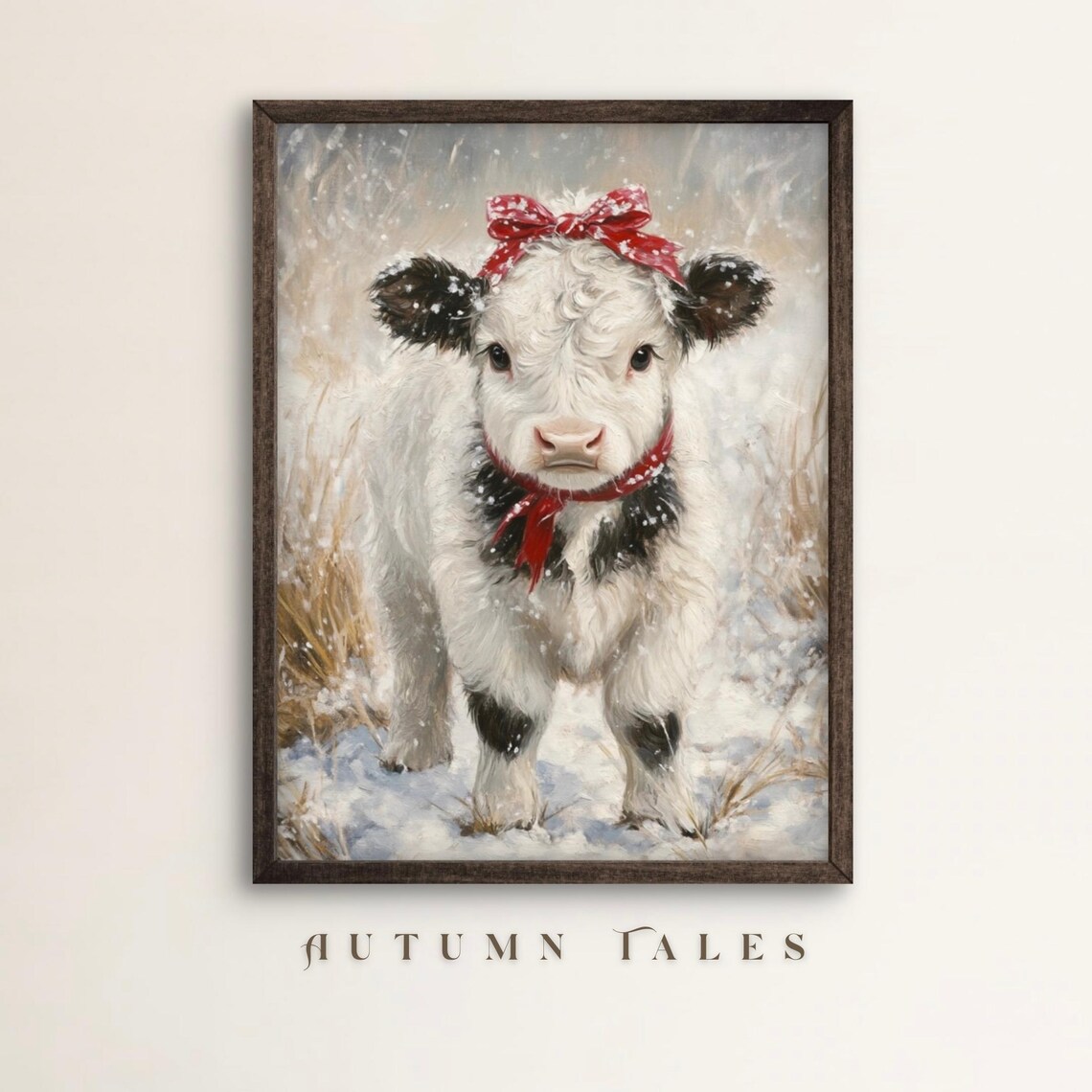 Cute Highland Calf in Snow With Red Bow Art Print