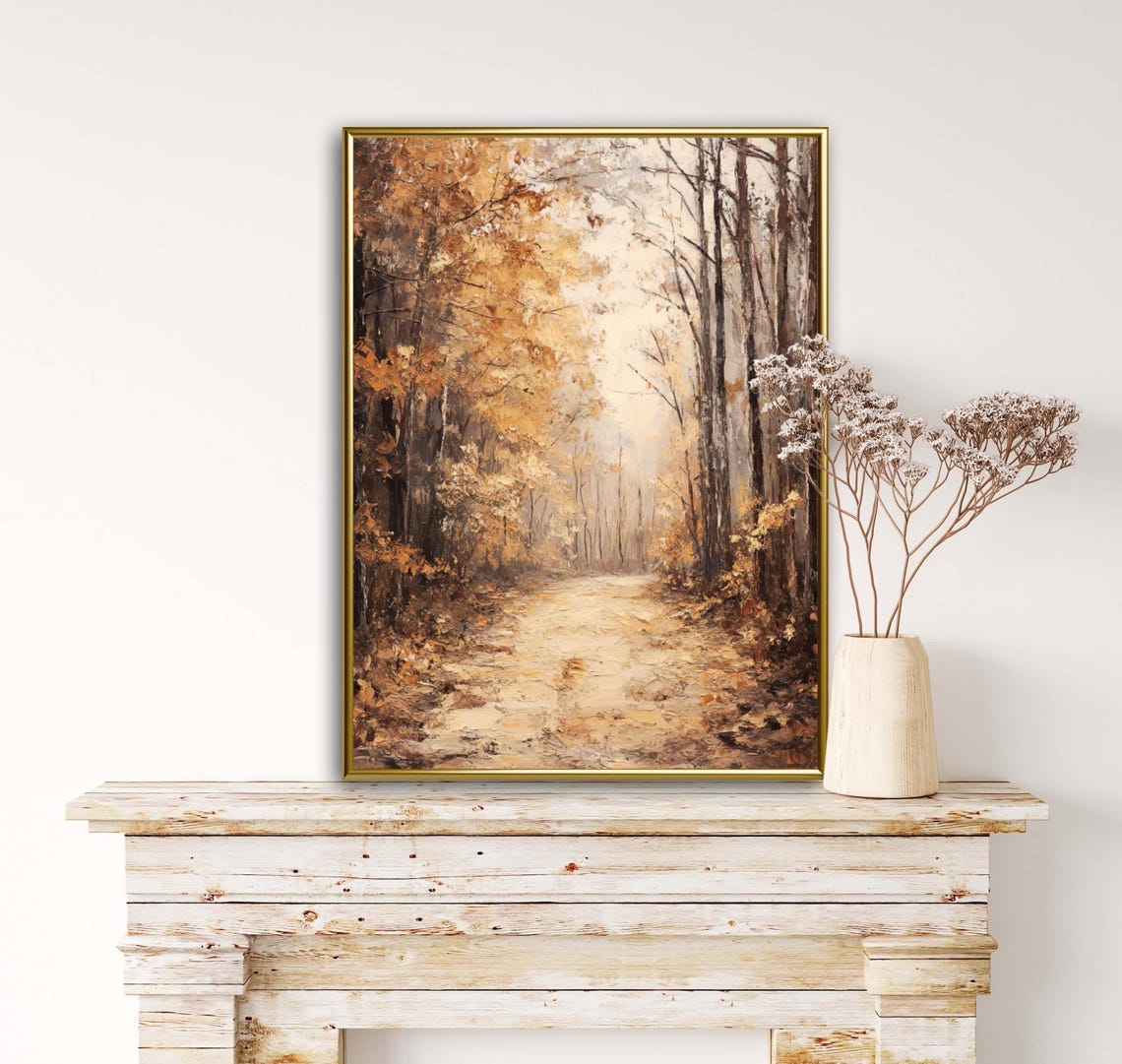 Glowing Sunlit Golden Autumn Forest Path Oil Painting Art Print - Image 4
