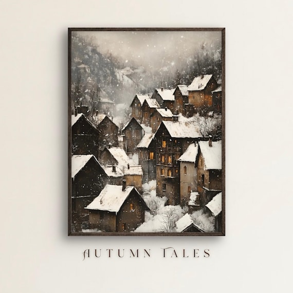 Moody Vintage European Village Art Print, Winter Decor