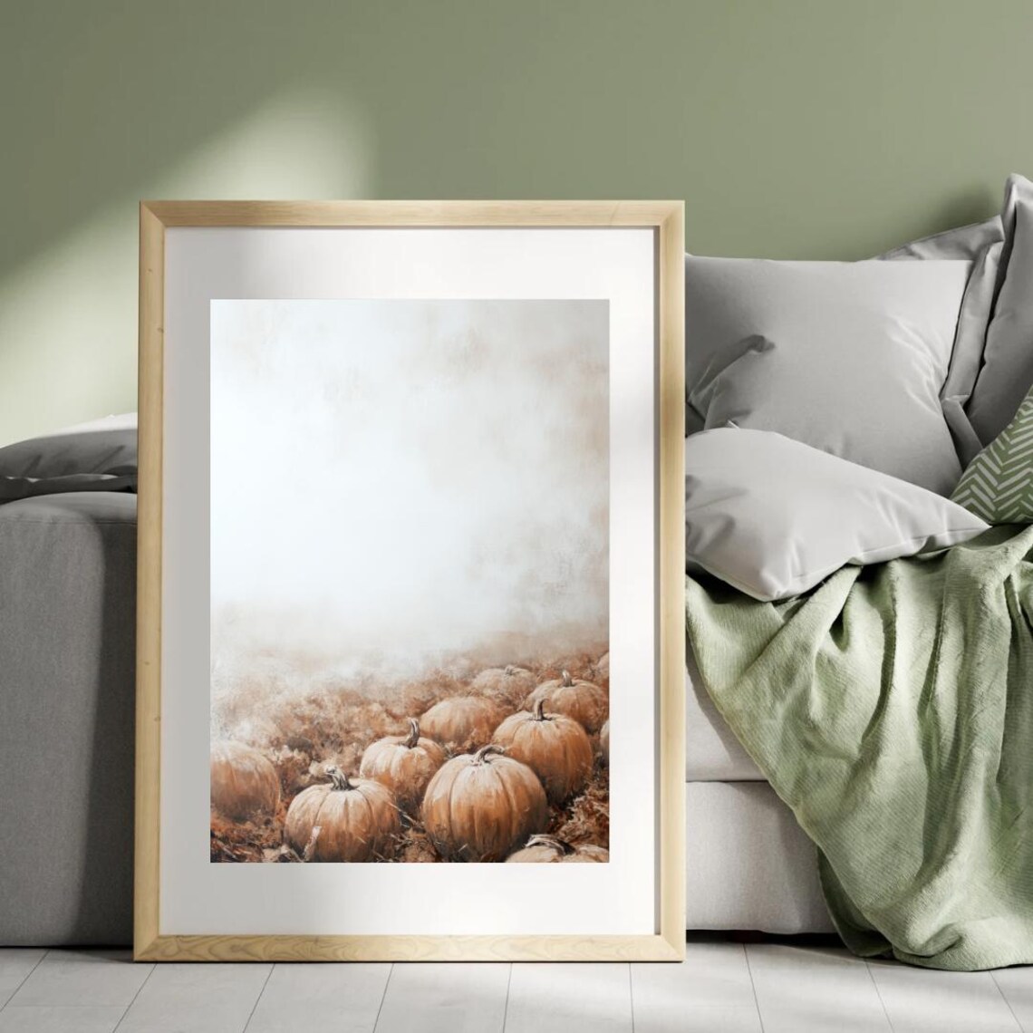 Pumpkin Patch Field Under Hazy Sky Fall Harvest Farmhouse Mood Wall Art - Image 2