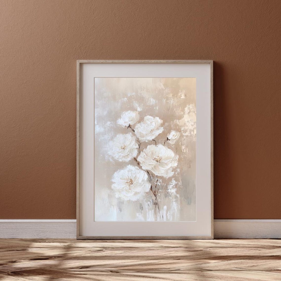 White Peonies on Soft Beige Abstract Minimalist Floral Wall Art Print - Image 6
