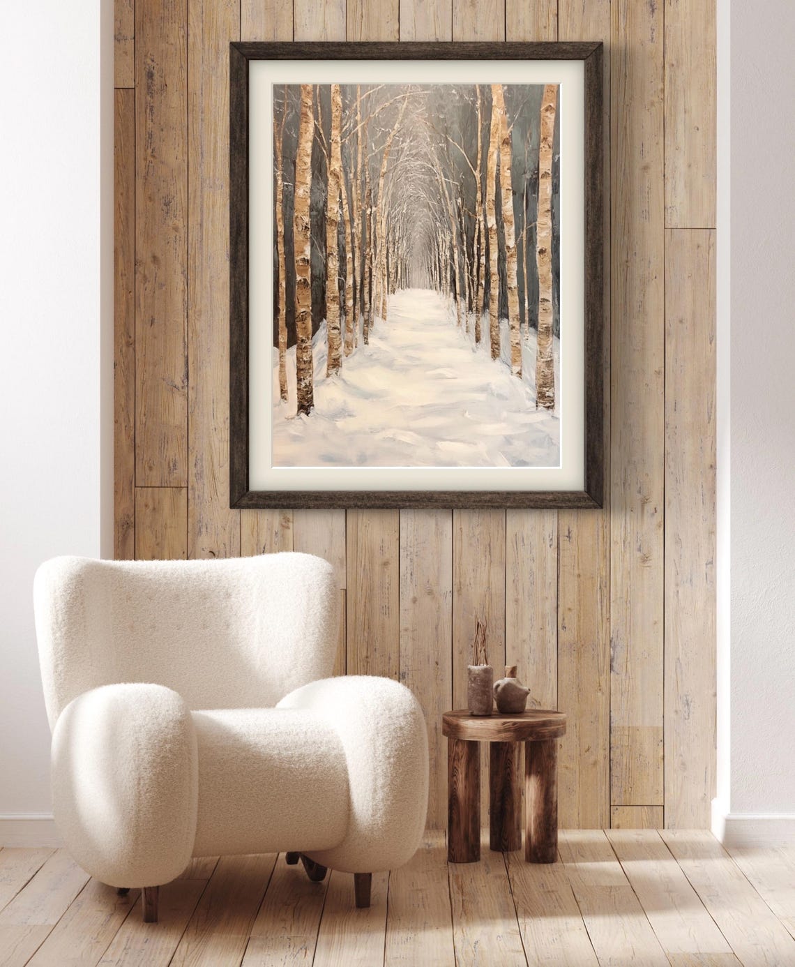Winter Birch Forest Snowy Tree Lined Lane Neutral Landscape Poster - Image 3